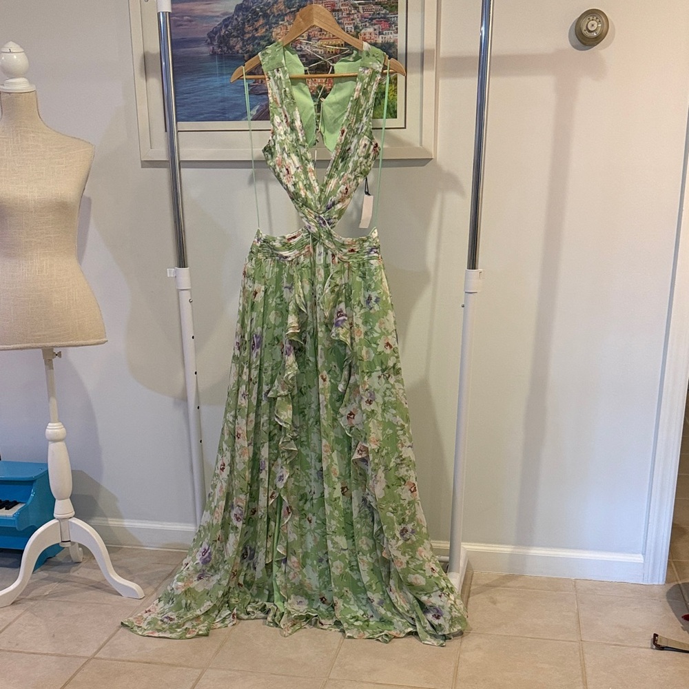 Astr Green Floral Backless Dress